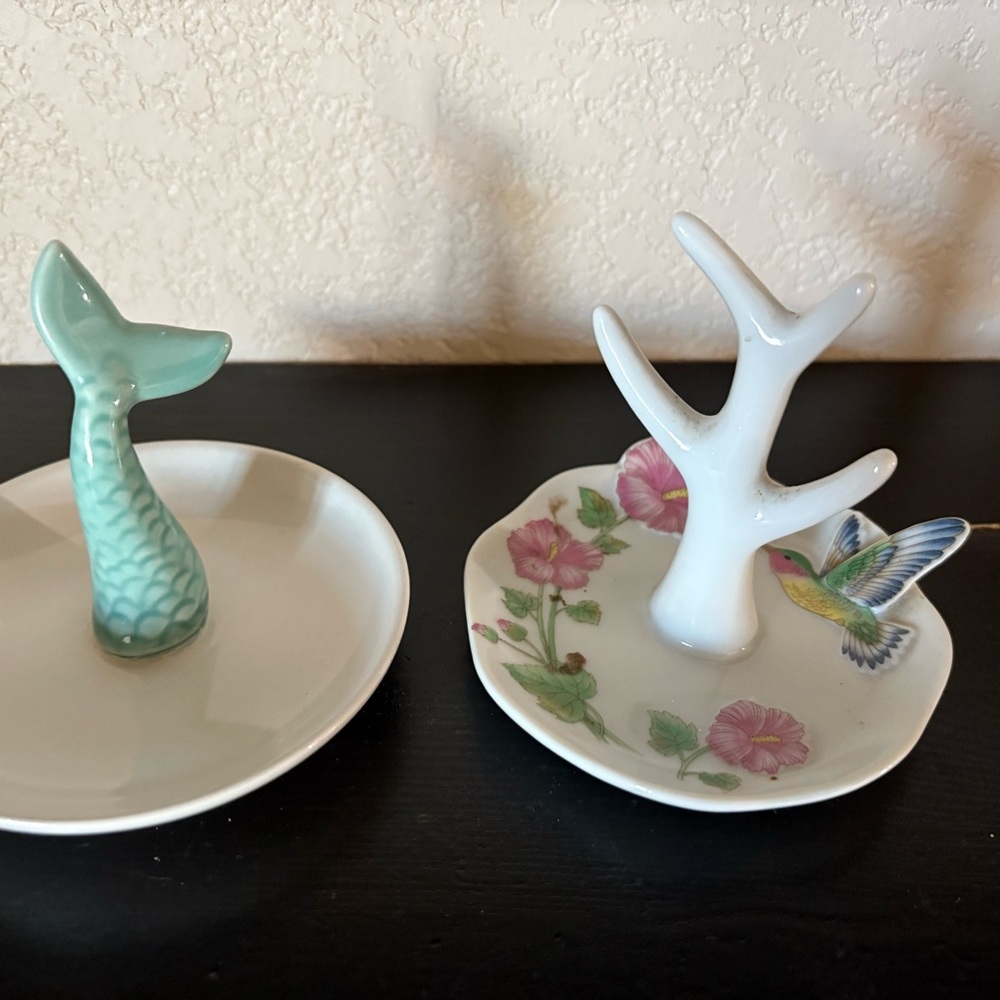 VINTAGE Ceramic Jewelry Holders with Floral and Mermaid Designs